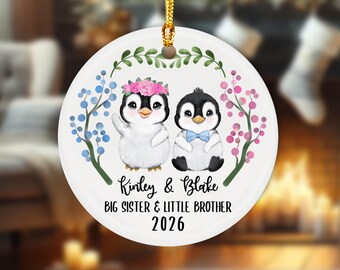 Big Sister Little Brother Christmas Ornament, Personalized Sibling Ornament, Gift For Sibling, Custom Penguin Ornament