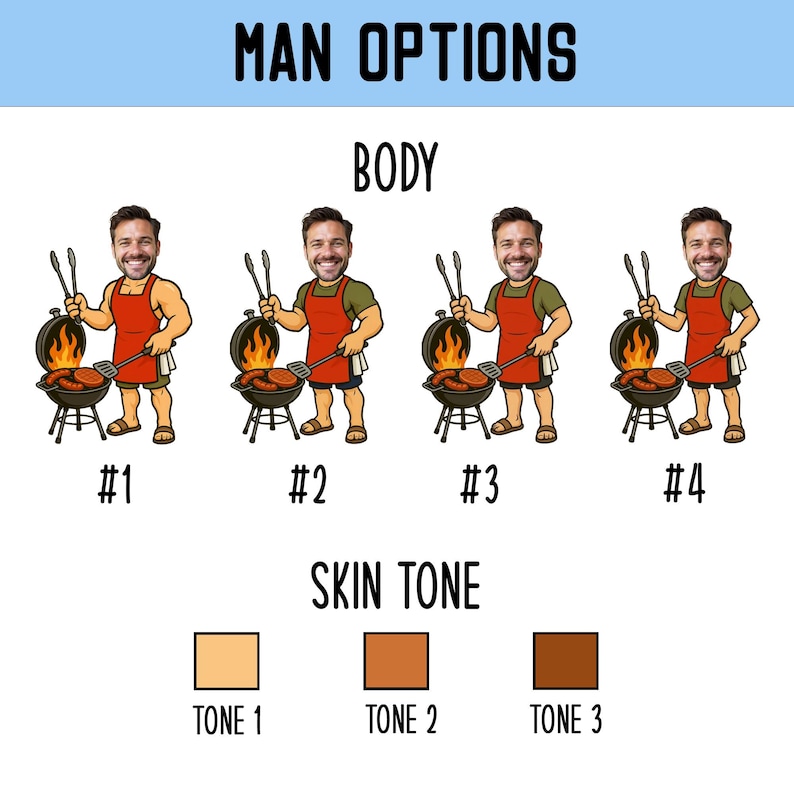 Peut inclure: Illustration avec le texte &laquo;&nbsp;OPTIONS HOMME&nbsp;&raquo; et &laquo;&nbsp;CORPS&nbsp;&raquo;. Il pr&eacute;sente quatre personnages de dessins anim&eacute;s en train de griller, chacun tenant des pinces et une spatule. En dessous, des options de teint de peau &eacute;tiquet&eacute;es &laquo;&nbsp;TONE 1&nbsp;&raquo;, &laquo;&nbsp;TONE 2&nbsp;&raquo; et &laquo;&nbsp;TONE 3&nbsp;&raquo;.