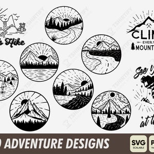 Pode incluir: Um conjunto de 20 ilustra&ccedil;&otilde;es de design de aventura em preto e branco. Os designs apresentam montanhas, rios, &aacute;rvores e o sol. Os textos "Let's Hike" e "Climb Every Mountain" est&atilde;o inclu&iacute;dos nos designs. O texto "See you at the top" tamb&eacute;m est&aacute; inclu&iacute;do nos designs. Os designs est&atilde;o dispon&iacute;veis nos formatos SVG e PNG.