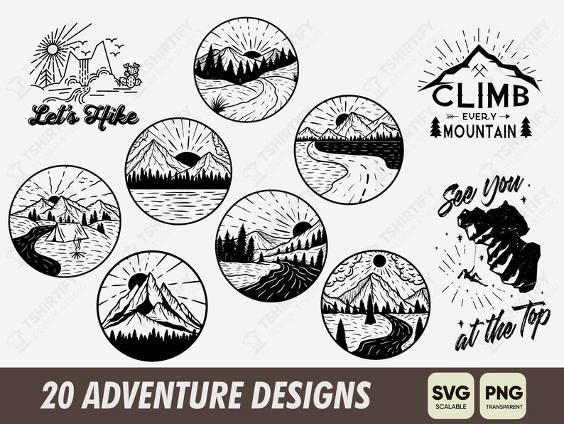 Pode incluir: Um conjunto de 20 ilustra&ccedil;&otilde;es de design de aventura em preto e branco. Os designs apresentam montanhas, rios, &aacute;rvores e o sol. Os textos "Let's Hike" e "Climb Every Mountain" est&atilde;o inclu&iacute;dos nos designs. O texto "See you at the top" tamb&eacute;m est&aacute; inclu&iacute;do nos designs. Os designs est&atilde;o dispon&iacute;veis nos formatos SVG e PNG.