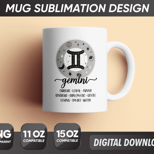 Gemini Mug Png, Gemini Zodiac Signs Png, Astrology Zodiac Symbols Png, Zodiac Traits Mug Png, Mug Sublimation Designs 11oz 15oz Sublimation