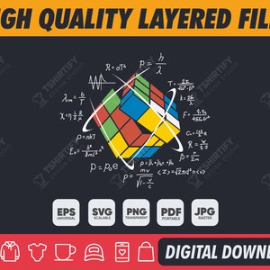 May include: A colorful Rubik's Cube with a variety of mathematical formulas and equations surrounding it. The background is dark blue. The text "HIGH QUALITY LAYERED FILES" is at the top of the image. The text "DIGITAL DOWNLOAD" is at the bottom of the image.