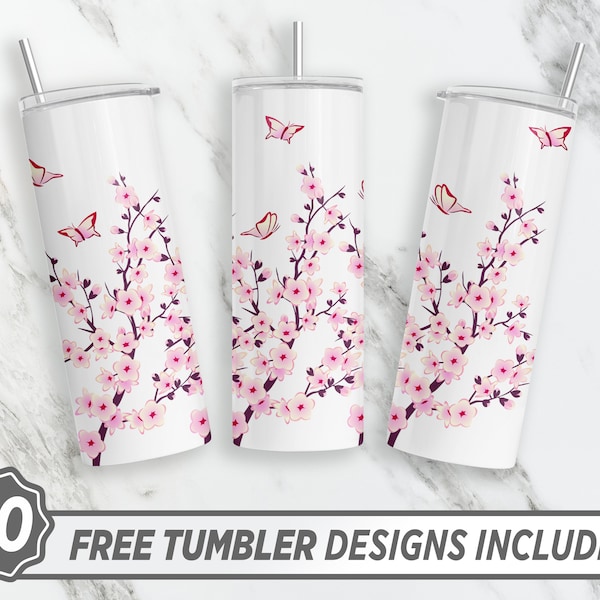 Floral Pink Cherry Blossom Tumbler Png, Japanese Blossom, 20 Oz Skinny Tumbler Design, Sublimation Tumbler, Tumbler Wrap, Straight&Tapered