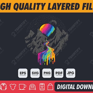 May include: A digital download graphic featuring a mountain landscape with a rainbow-colored sun and river. The image includes the text "HIGH QUALITY LAYERED FILES" and file type icons for EPS, SVG, PNG, PDF, and JPG. The words "DIGITAL DOWNLOAD" are also present.