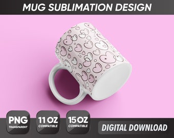 Valentines Day Mug Png, Pink Hearts Mug Png, Mug Sublimation Designs, 11oz & 15oz Sublimation, Full Wrap, Coffee Mug Png, Mug Template#3