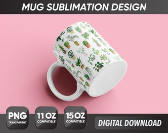 Könnte beinhalten: Weiße Keramiktasse mit einem Design aus grünen Topfpflanzen auf rosa Hintergrund. Die Tasse ist mit 11 oz und 15 oz kompatibel. PNG-Datei transparent. Digitaler Download.