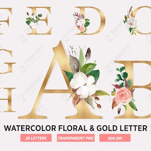 Alfabeto de letras doradas florales de acuarela, alfabeto de boda, letras boho, monograma png, imágenes prediseñadas del alfabeto, paquete png, descarga digital