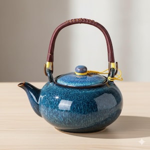 Peut inclure: Une théière en céramique bleue avec une anse marron tressée et un couvercle assorti. La théière a une finition brillante et un petit bec verseur. La poignée est fixée avec des accents jaunes. Une petite corde jaune est attachée au couvercle.