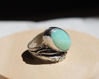Avant-Garde Chrysoprase Ring, Textured Oxidized Silver Band, Brutalist Statement Jewelry