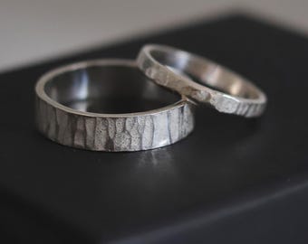 Hammered Sterling Silver Wedding Band Set: Rustic Tree Bark Rings