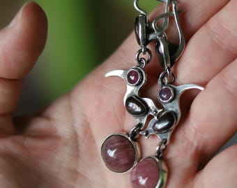 OOAK Sterling Silver Bird Earrings: Artisan Dangle Multistone Jewelry. Pink tourmaline earrings