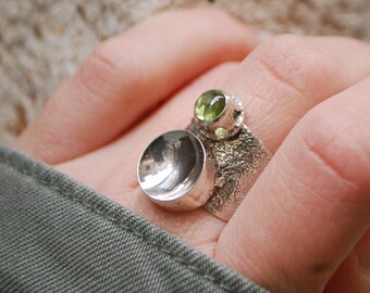 Silver cup ring, green chrysolite ring. Modernist cocktail ring . Statement ring for woman.