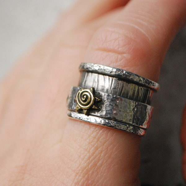 Handmade jewellery mens spinner ring silver. Mixed metal ring. Sun and moon ring. Wide fidget ring textured silver.