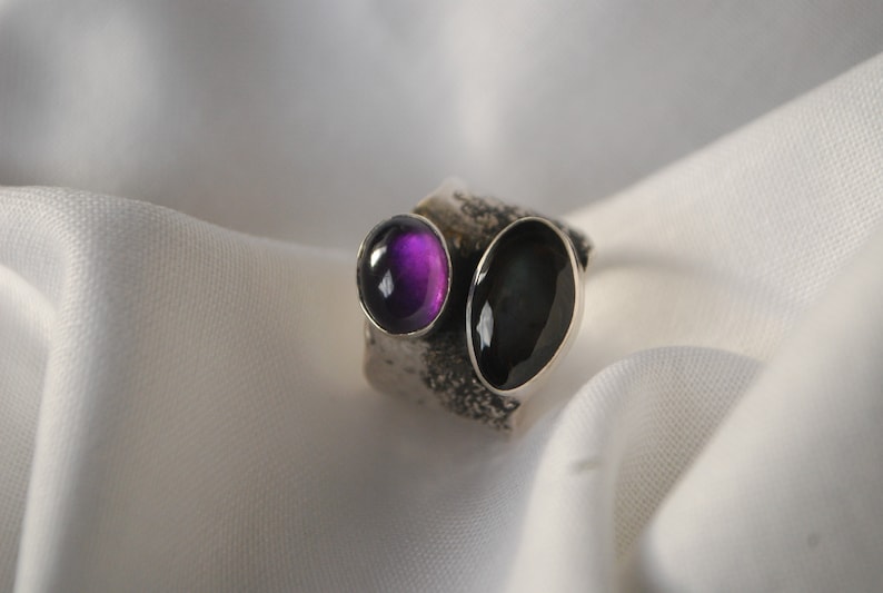 Oversized amethyst ring .BOld modernist ring, silversmith statement jewelry. Artisan silver chunky ring. image 7