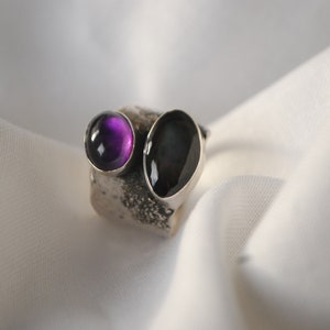 Oversized amethyst ring .BOld modernist ring, silversmith statement jewelry. Artisan silver chunky ring. image 2