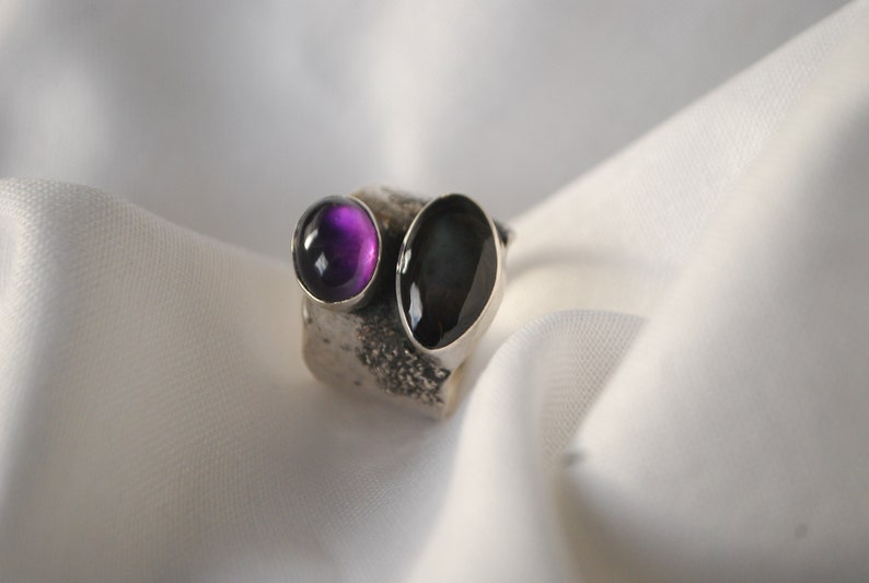 Oversized amethyst ring .BOld modernist ring, silversmith statement jewelry. Artisan silver chunky ring. image 2