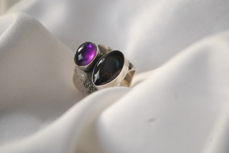 Oversized amethyst ring .BOld modernist ring, silversmith statement jewelry. Artisan silver chunky ring. image 5