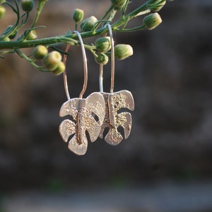 Handmade silver monstera earrings, tropical jewelry silversmith vacation earrings sterling silver. image 8