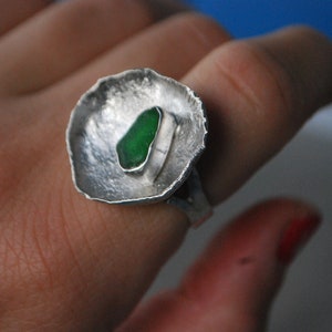 Green sea glass ring, silver cup ring. Modernist ring oversized. image 5