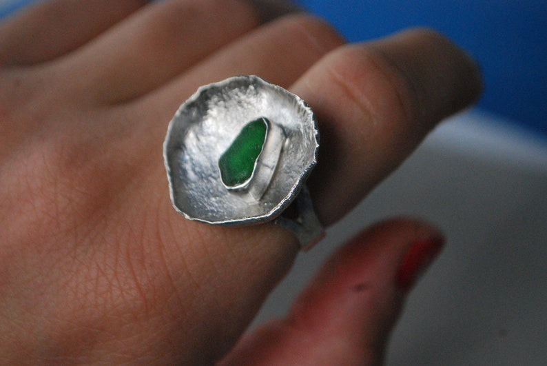 Green sea glass ring, silver cup ring. Modernist ring oversized. image 5