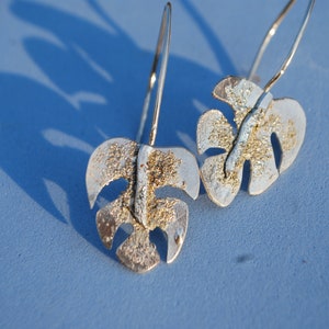 Handmade silver monstera earrings, tropical jewelry silversmith vacation earrings sterling silver. image 1