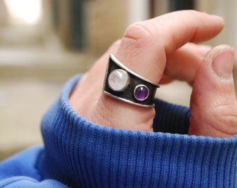 Black silver wide open ring dual stone moonstone amethyst ring. Silversmith adjustable ring.