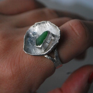 Green sea glass ring, silver cup ring. Modernist ring oversized. image 2