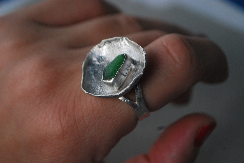 Green sea glass ring, silver cup ring. Modernist ring oversized. image 2