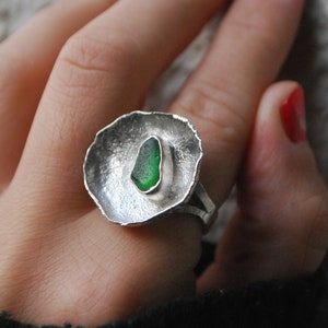 Green sea glass ring, silver cup ring. Modernist ring oversized. image 4