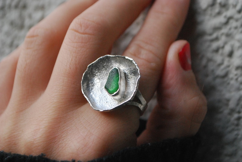 Green sea glass ring, silver cup ring. Modernist ring oversized. image 4