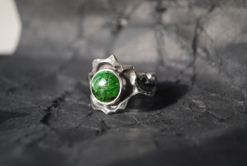 Artisan Green chrome diopside ring OOAK. Nature inspired silver ring 8 size sun green stone ring. image 1