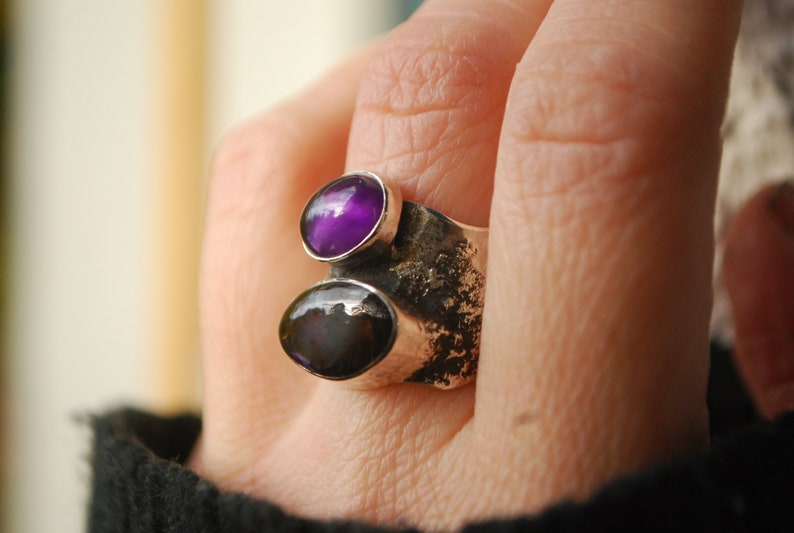 Oversized amethyst ring .BOld modernist ring, silversmith statement jewelry. Artisan silver chunky ring. image 3