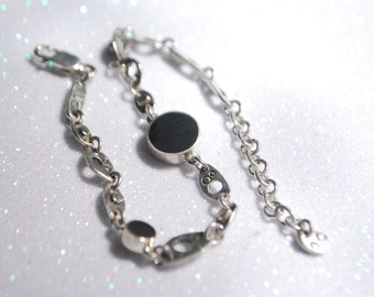 Dainty Bracelet Sterling Silver. Black Disc Bracelet. Black stone jet minimalist jewelry.