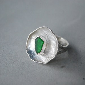 Green sea glass ring, silver cup ring. Modernist ring oversized. image 8