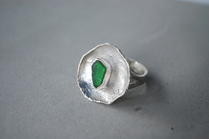 Green sea glass ring, silver cup ring. Modernist ring oversized. image 8