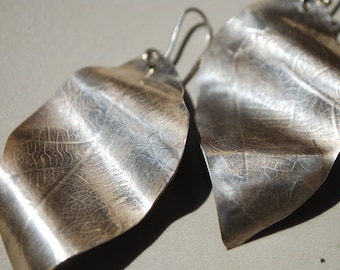 Statement oversized leaf earrings silver. Nature inspired earrings for woman. Woodland jewelry