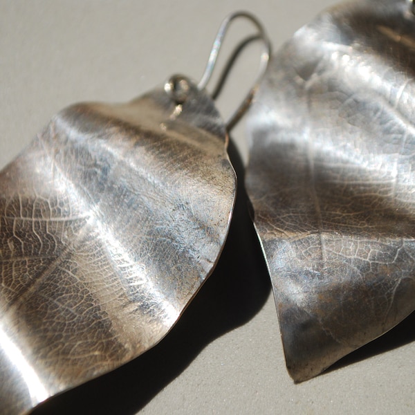 Statement oversized leaf earrings silver. Nature inspired earrings for woman. Woodland jewelry