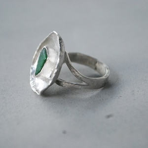 Green sea glass ring, silver cup ring. Modernist ring oversized. image 9