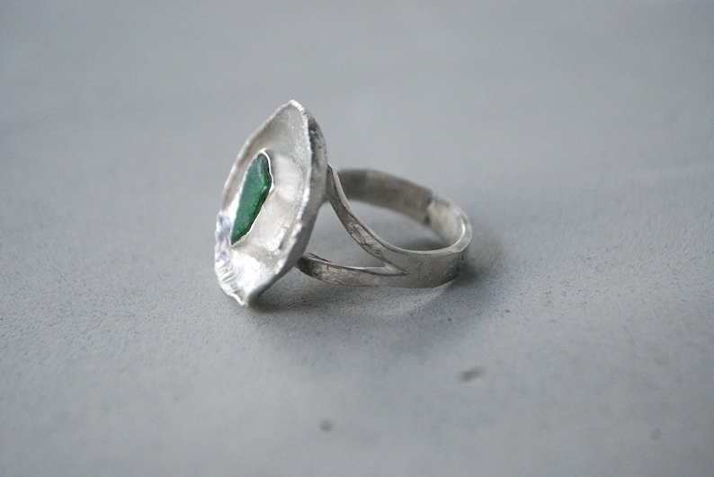 Green sea glass ring, silver cup ring. Modernist ring oversized. image 9