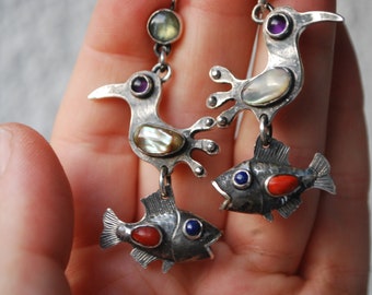 OOAK earrings sterling silver. Large bird fish earrings. Unique Artisan earrings dangle multistone jewelry