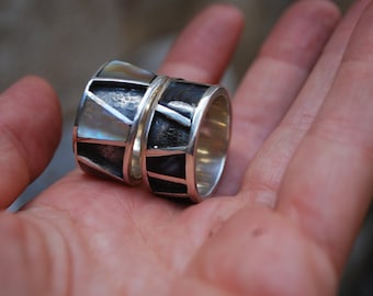Mens statement ring. Geometric black Mother of pearl ring. Drum ring. Brutalist silver wide band man.