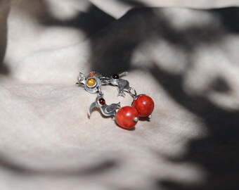 Handmade Silver Raven Earrings: Red Coral Gothic Dangle Jewelry