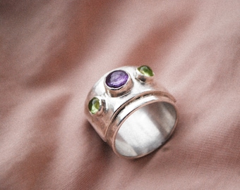 Multi gemstone wide band ring sterling silver amethyst chrysolite ring. Artisan Inlay ring multi color.