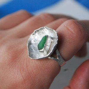 Green sea glass ring, silver cup ring. Modernist ring oversized. image 7