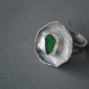 Green sea glass ring, silver cup ring. Modernist ring oversized. image 10