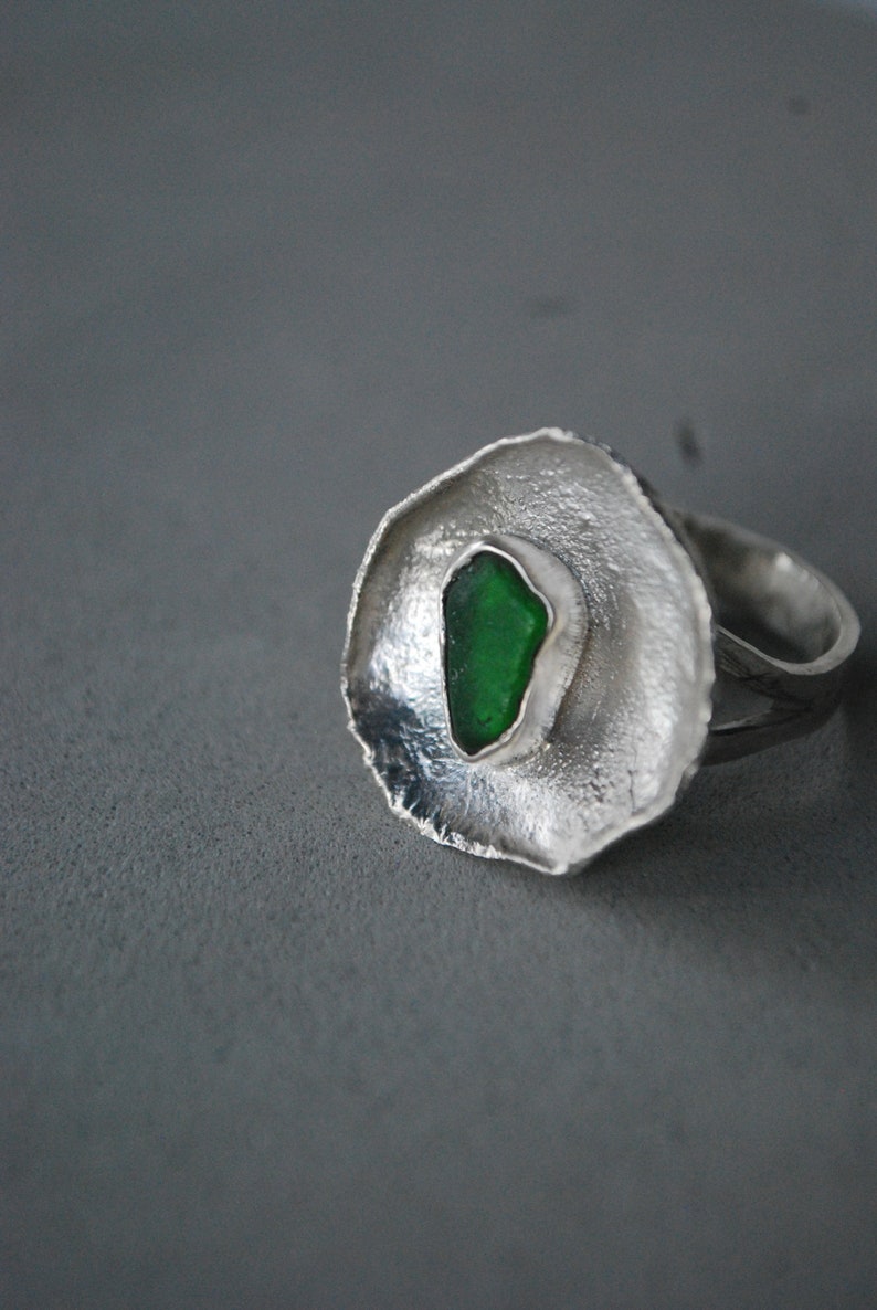 Green sea glass ring, silver cup ring. Modernist ring oversized. image 10