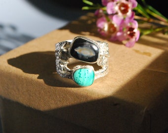 handmade malachite ring. wide band rustic ring. mens silver rings with stones.  modernist green ring unisex.