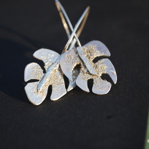 Handmade silver monstera earrings, tropical jewelry silversmith vacation earrings sterling silver. image 7