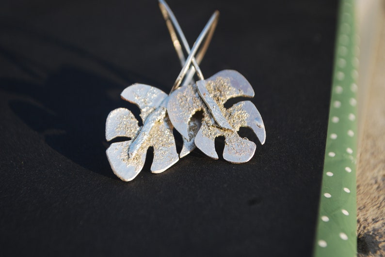 Handmade silver monstera earrings, tropical jewelry silversmith vacation earrings sterling silver. image 7