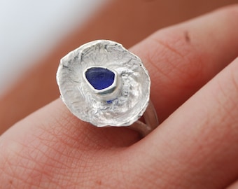 Blue sea glass ring, silver cup ring. Modernist statement ring. Pinky ring unisex, ocean ring.